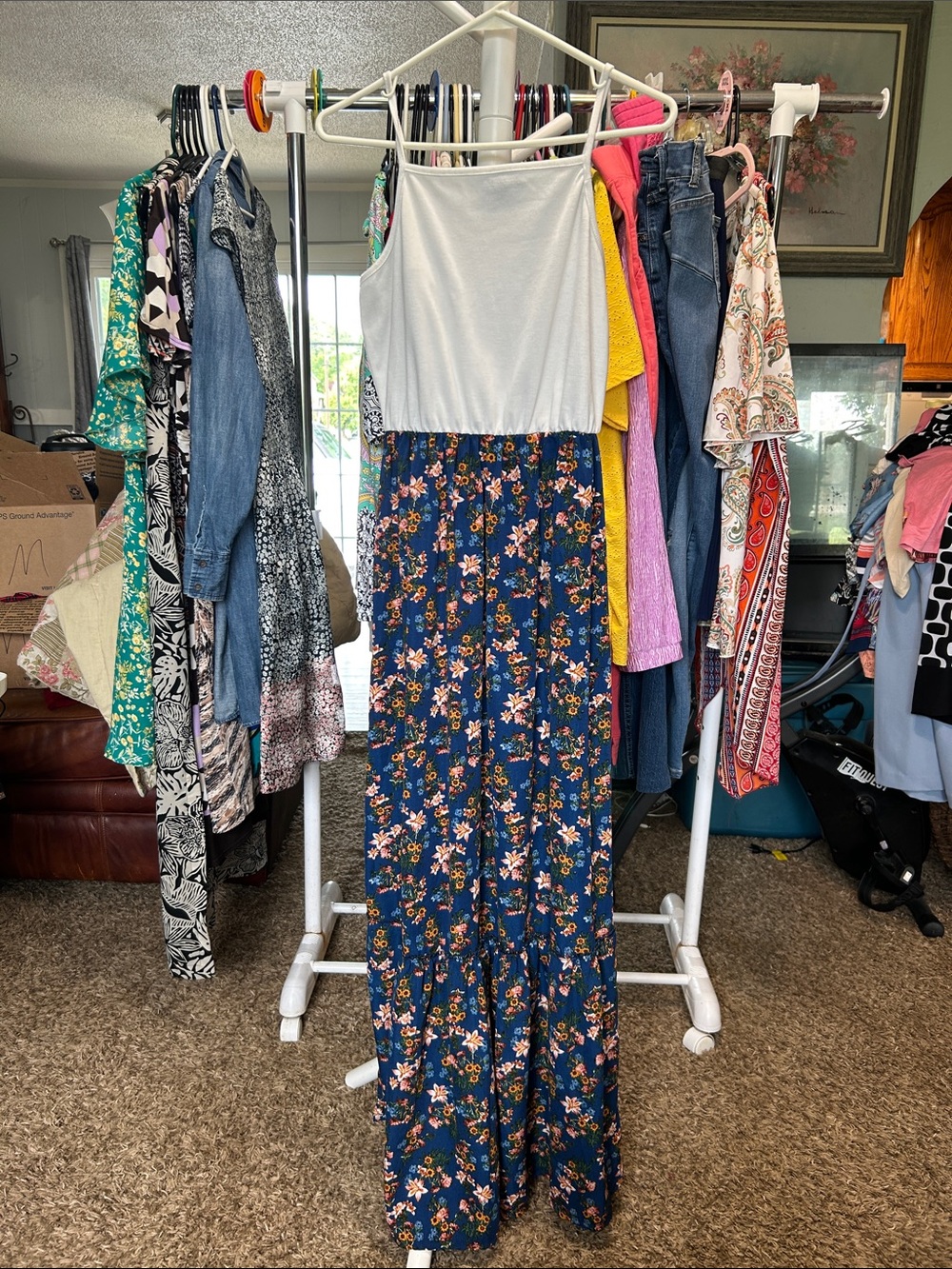 B Famous Navy Floral Maxi Dress with White Bodice Size L